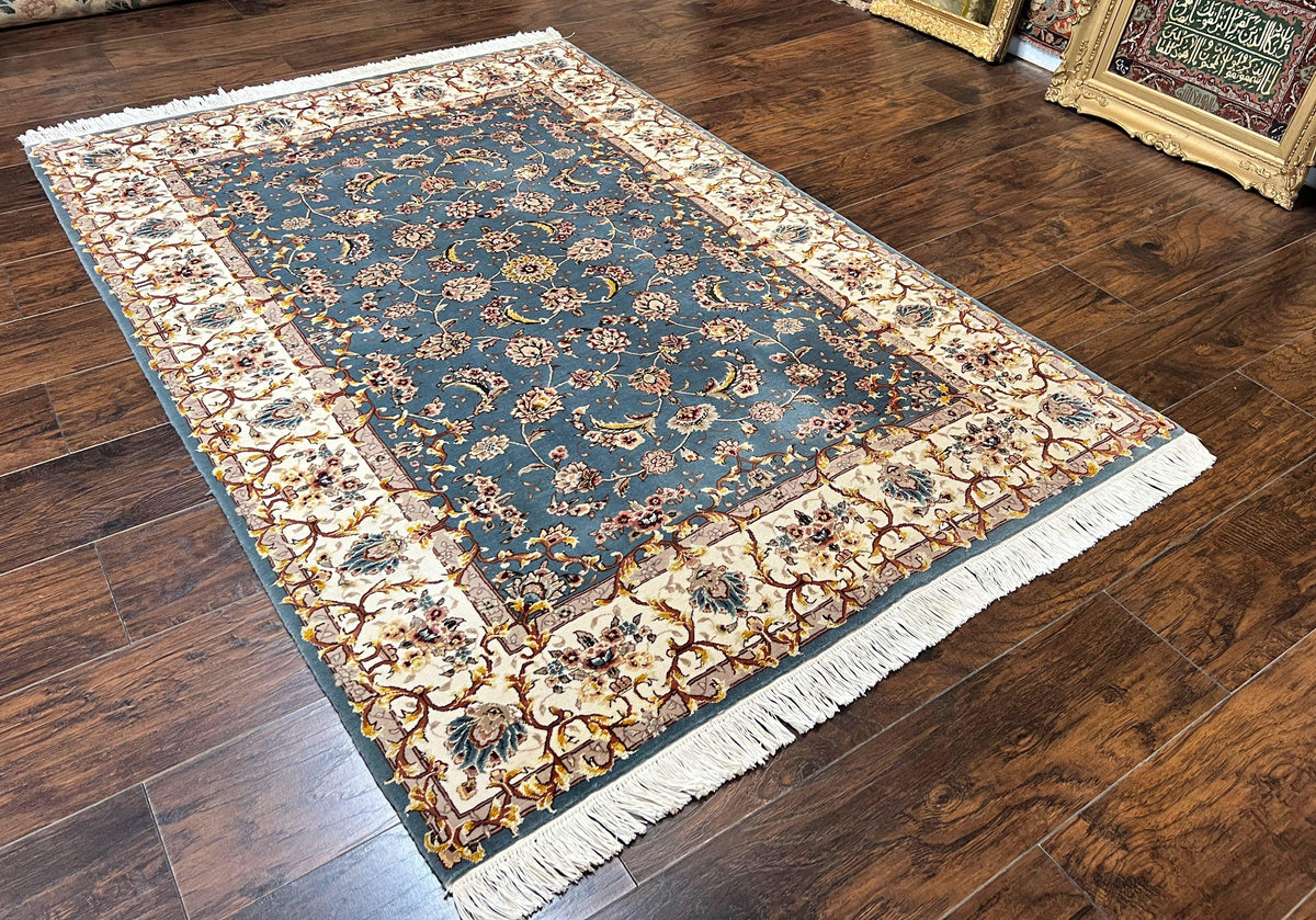Sino Persian Rug 4x6, Very Fine Oriental Carpet, Handmade Rug 4 x 6, Floral Allover Vintage Traditional Wool & Silk Highlights, 200 KPSI - Jewel Rugs, view 2
