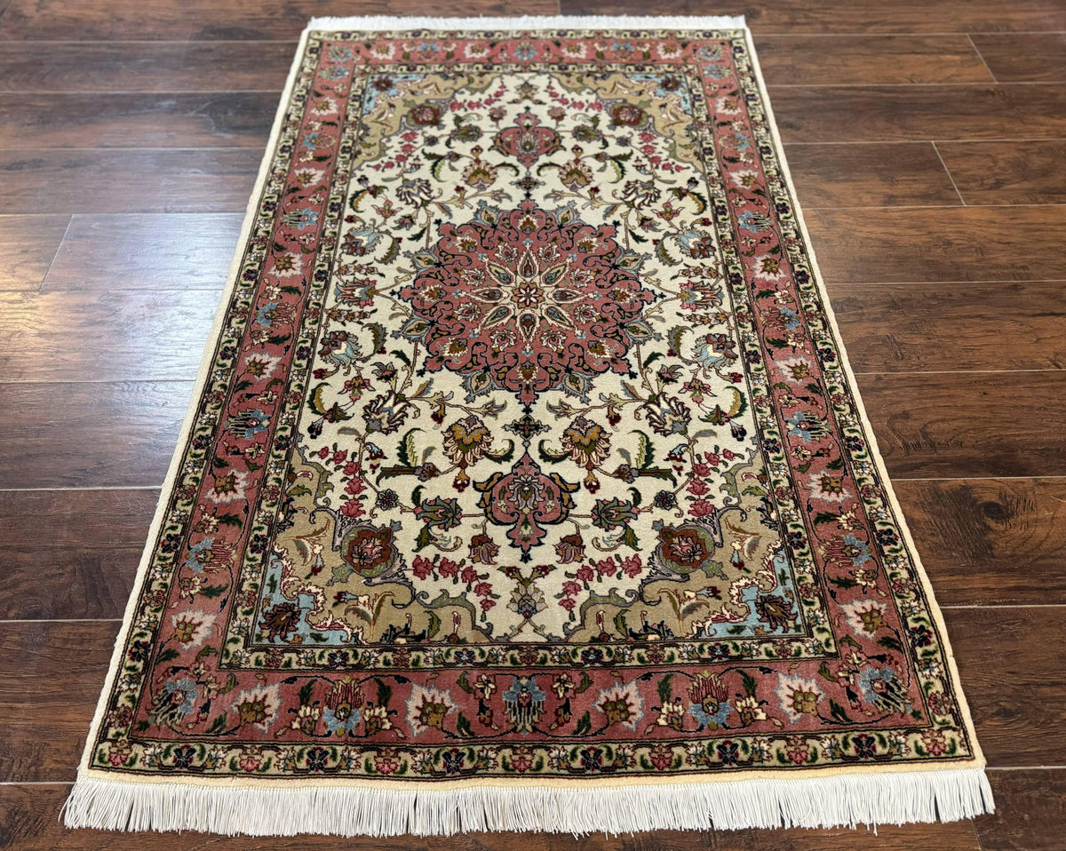 Fine Persian Tabriz Rug 3x5, Floral Medallion, 340 KPSI, Ivory Salmon - Jewel Rugs, view 2