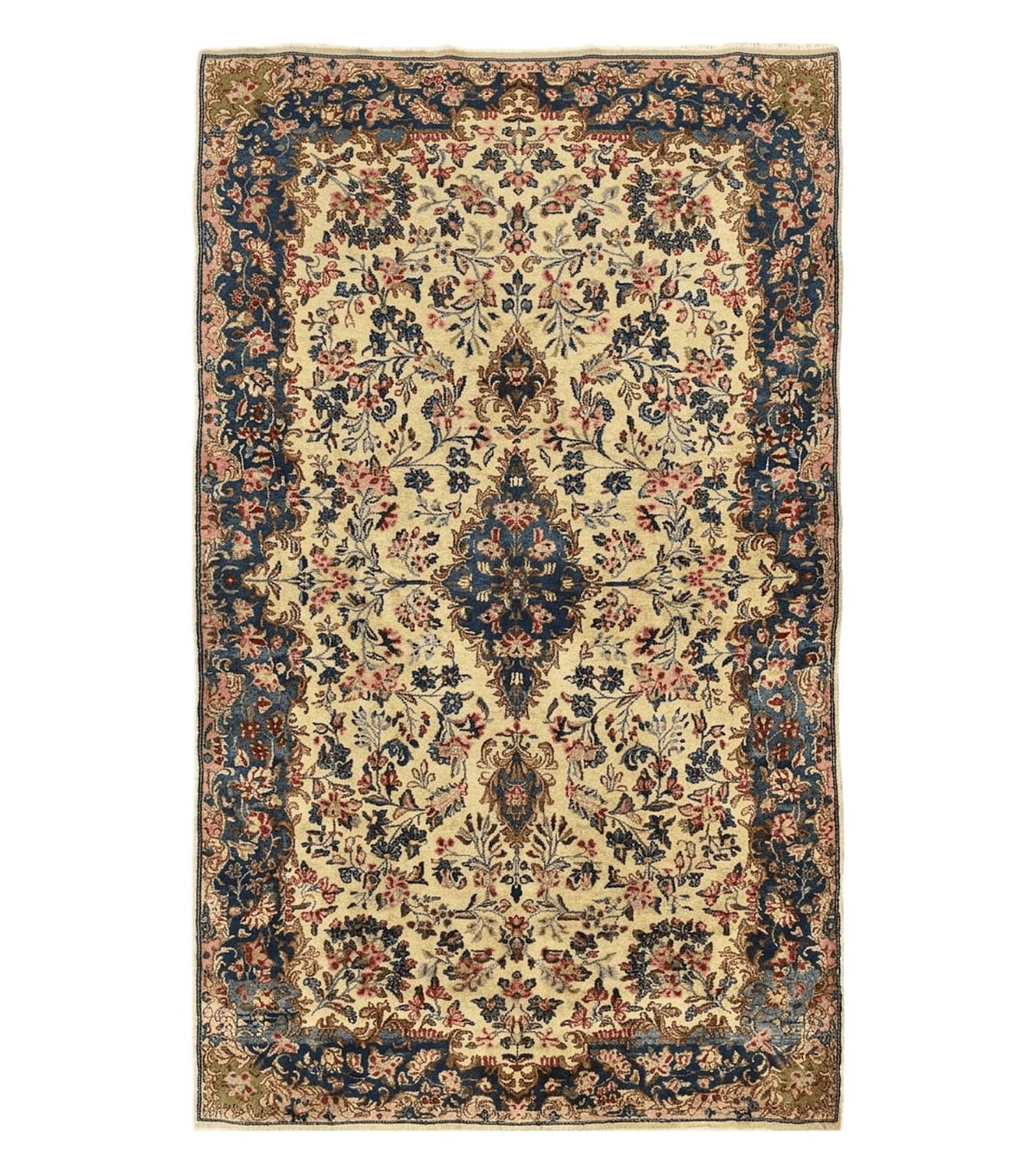 Antique Persian Kirman Rug 4x7, Cream and Navy Blue, Hand Knotted Wool Floral Carpet - Jewel Rugs