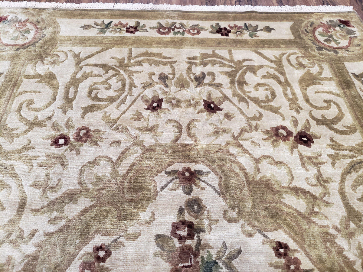 Vintage Nepali Tibetan Aubusson Rug 6x9, Wool Hand-Knotted Cream Beige Carpet, Leaves & Floral Pattern 6 x 9 Soft Area Rug Home Office Rug - Jewel Rugs, view 4