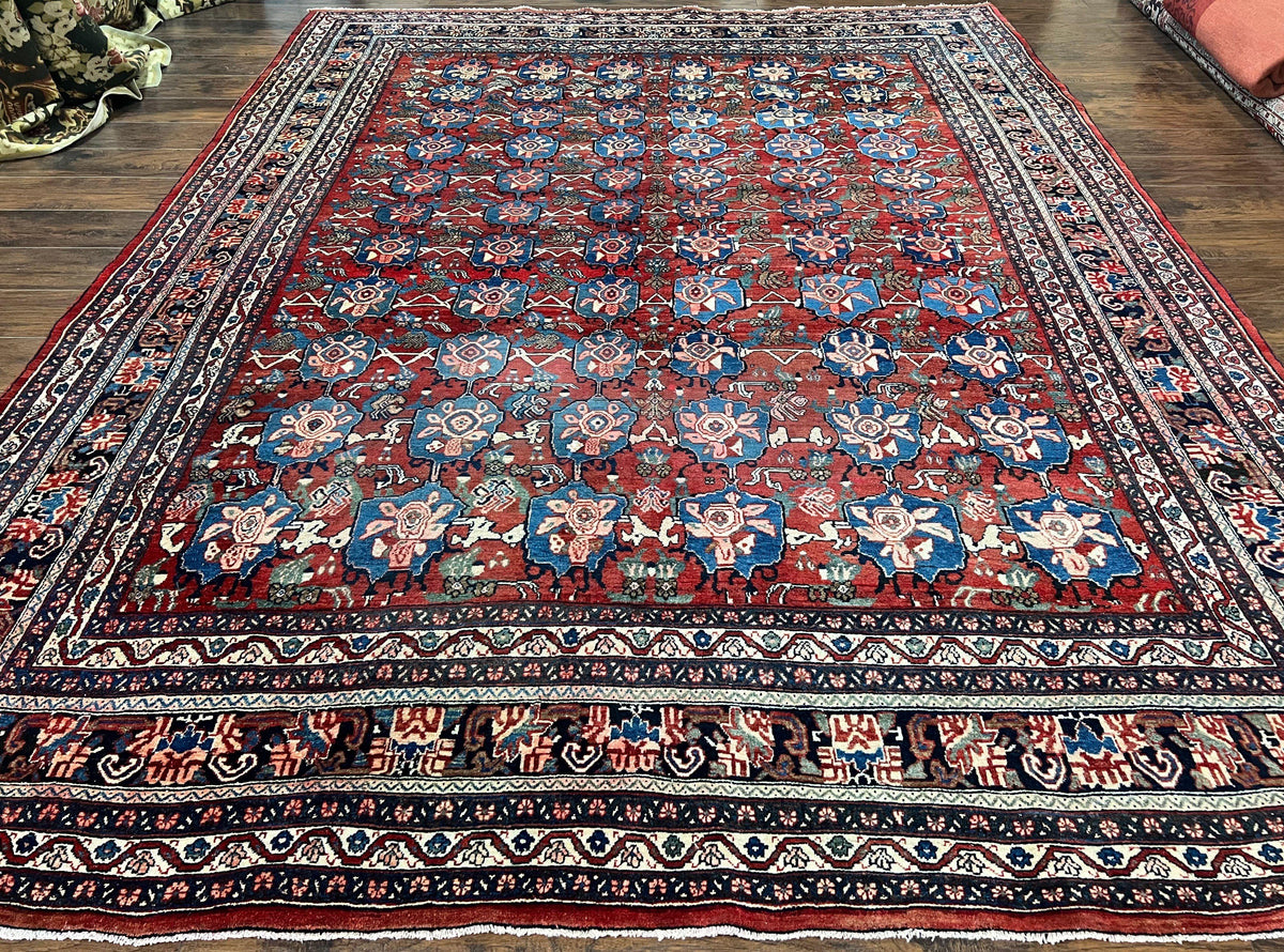 Antique Persian Bijar Rug 9x12 - Allover Motif, Red & Blue - Jewel Rugs, view 2