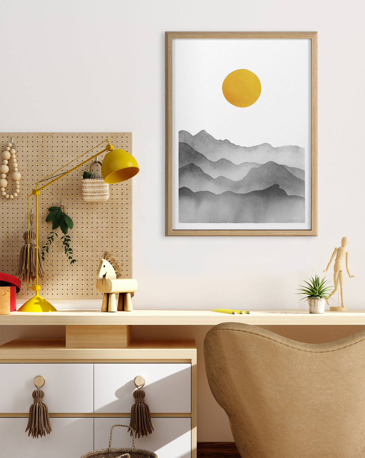 Blake Black Yellow Mountain Range Silhouette Framed Printed Glass by Cat Coquillette