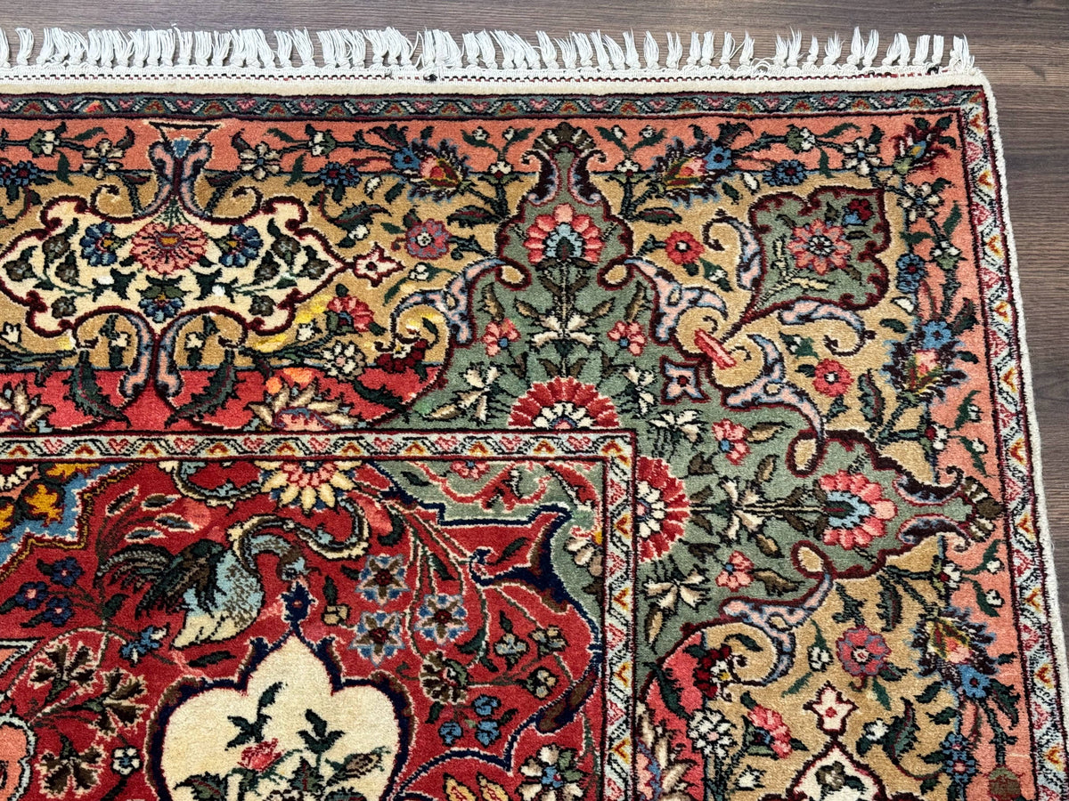 Antique Tabriz Persian Rug 7x10, Red Cream Tan, Unique Design, Fine 270 KPSI, Birds, Floral - Jewel Rugs, view 7