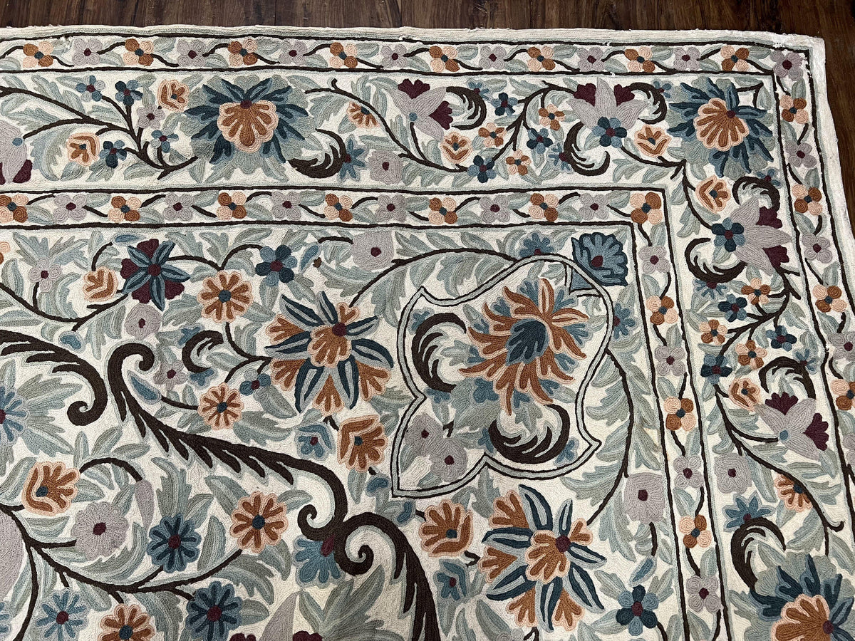 Chain Stitched Rug 9x12 Vintage Carpet 9 x 12 Flatweave Rug, Ivory Teal Rug, Area Rug 9 by 12, Hand Stitched Rug, Medallion, Indian Rug - Jewel Rugs, view 8