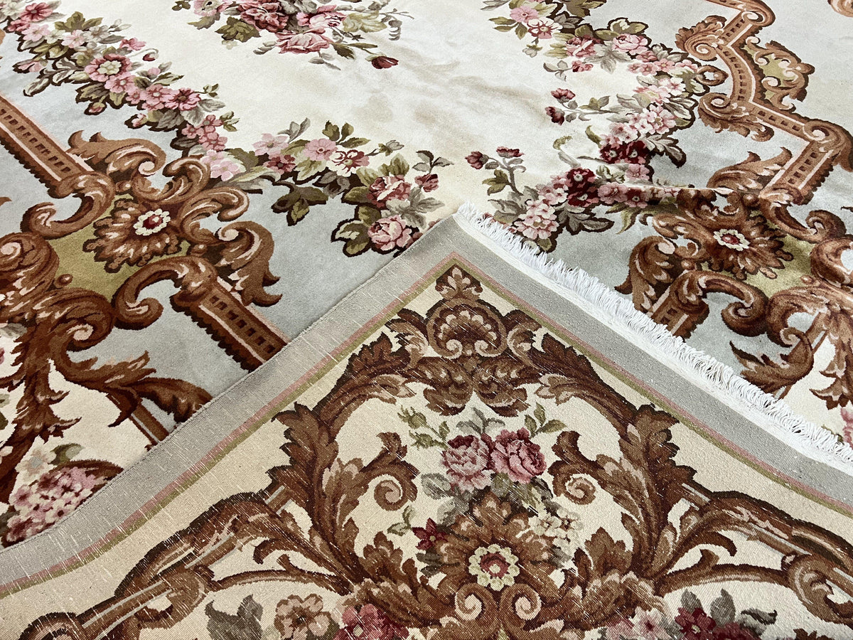 Aubusson Rug 10x13, Cream and Light Mint Green Hand Knotted Handmade French Savonnerie European Carpet, Wool Pile, Large Room Sized Vintage - Jewel Rugs, view 11