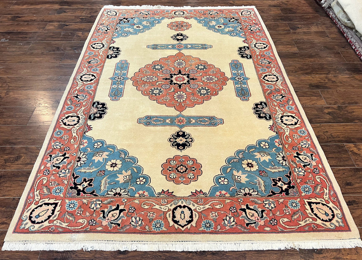 Romanian Heriz Serapi Rug 6x9, Hand Knotted Vintage Wool Oriental Carpet, Medium Sized Area Rug, Boho Rug, Handmade Rug, Cream and Pink - Jewel Rugs, view 2