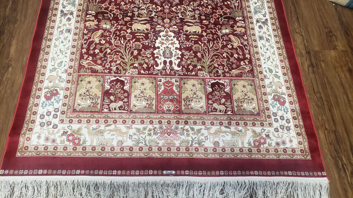 Silk Carpet 4x6 Dark Red & Cream, Tree of Life Rug, Animal Motifs, Birds Deer Rabbits, All Bamboo Silk, 4 x 6 Silk Area Rug - Jewel Rugs, view 9