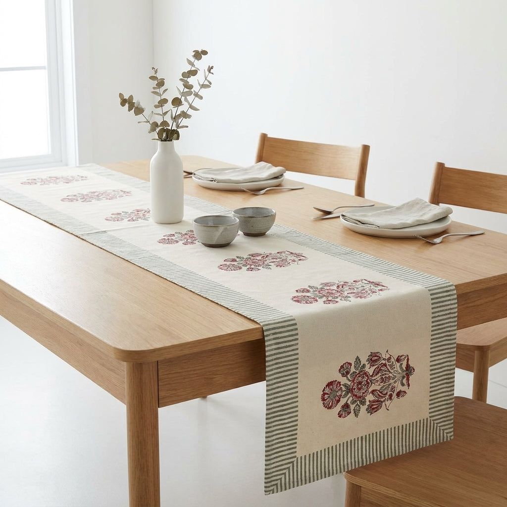 Hand Block Printed Cotton Burgundy & Charcoal Floral Bouquet 13 Pieces Table Linen Set — House of Avana, view 1 of 13