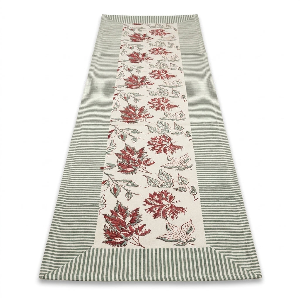 Burgundy & Slate Blue Autumn Leaf Table Linen Set – 13 Piece | Hand Block Printed Cotton | Runner, Placemats & — House of Avana, view 2 of 12