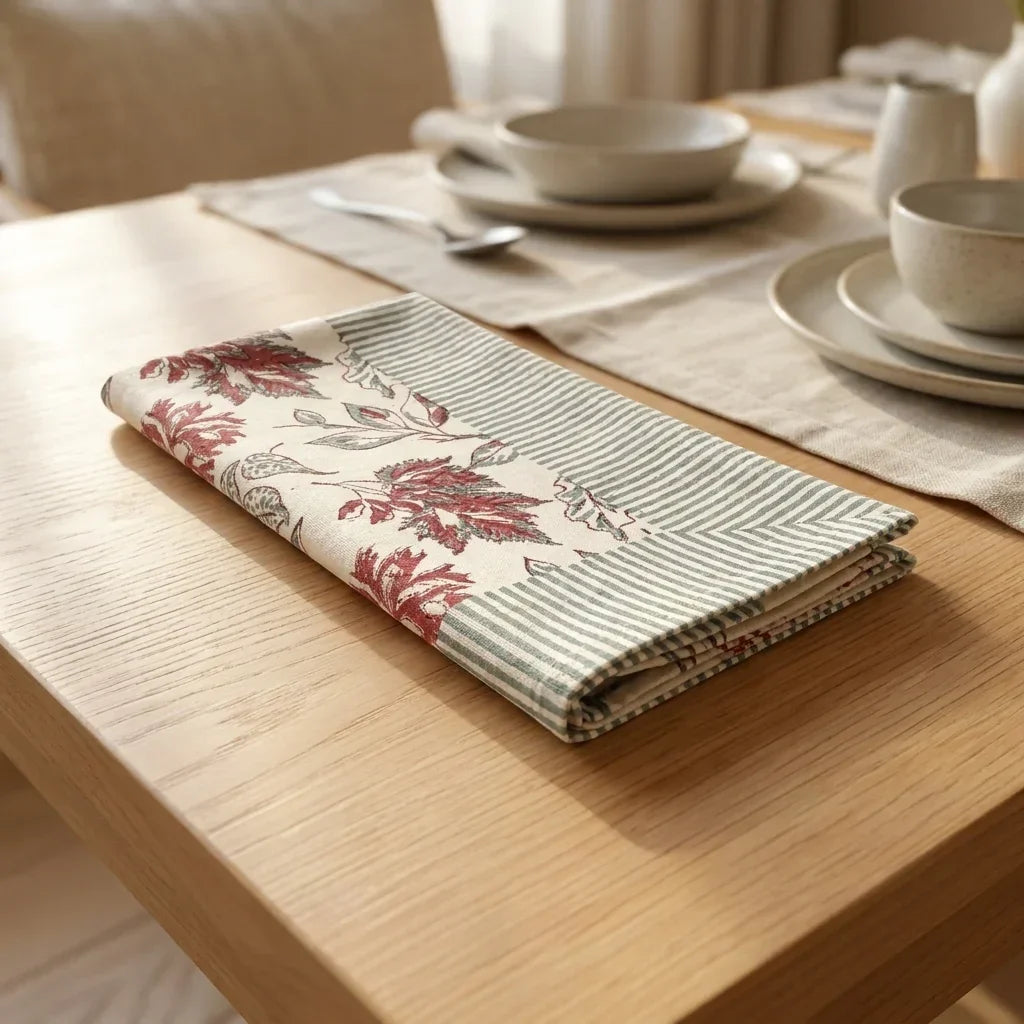 Burgundy & Slate Blue Autumn Leaf Table Linen Set – 13 Piece | Hand Block Printed Cotton | Runner, Placemats & Napkins