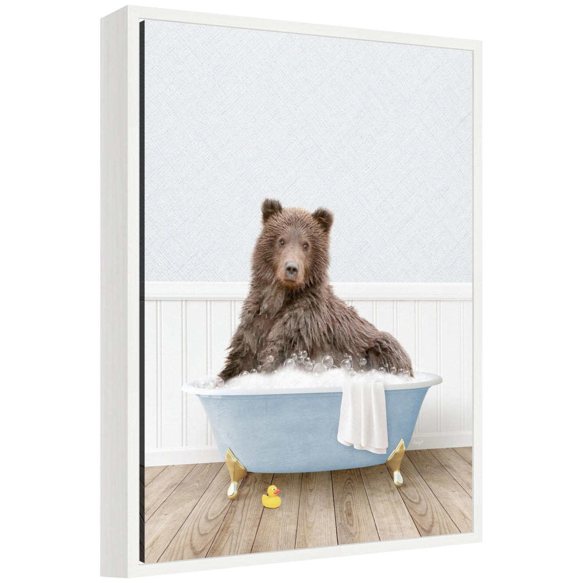 Sylvie Bear in Cottage Blue Bathtub Framed Canvas by Amy Peterson