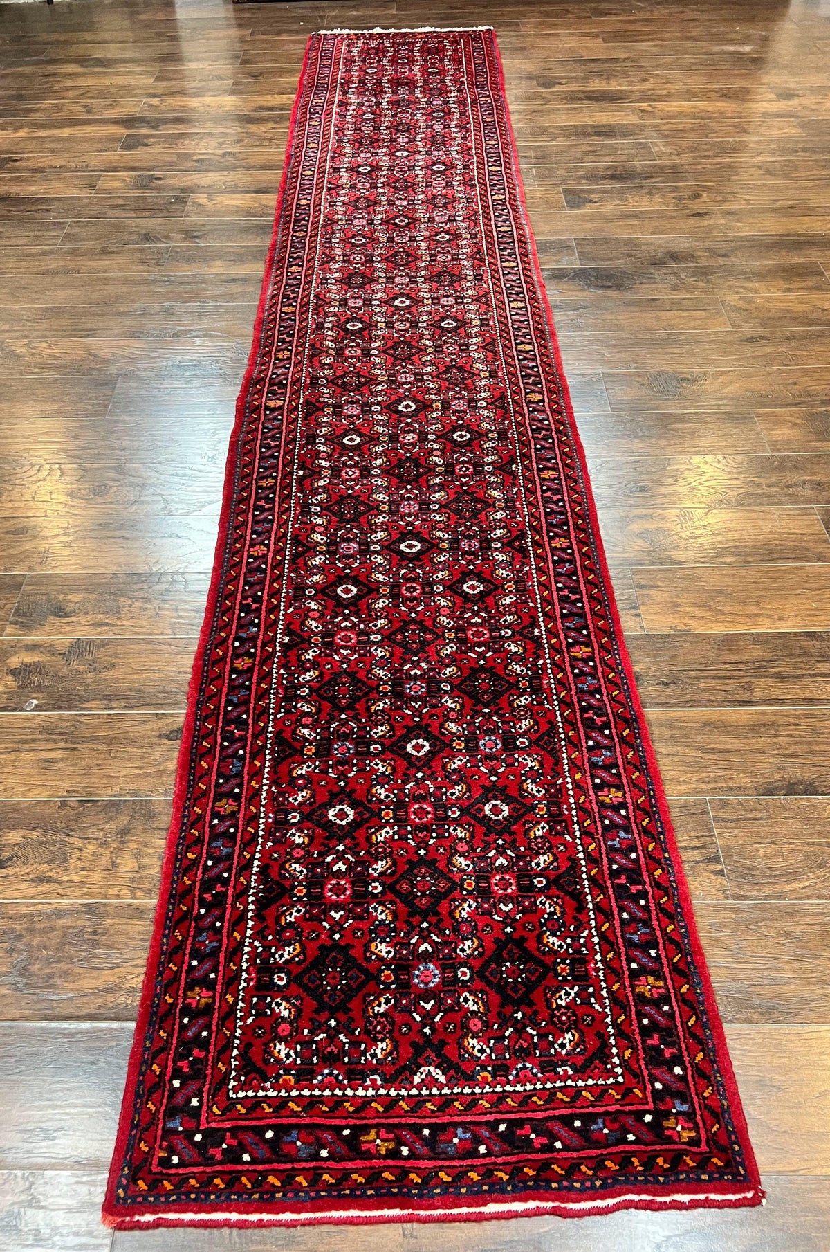 Persian Runner Rug 3 x 16, Wool Handmade Long Antique Hamadan Oriental Rug for Hallway, Red Tribal Rug, Allover Pattern, 3x16 Runner Rug - Jewel Rugs