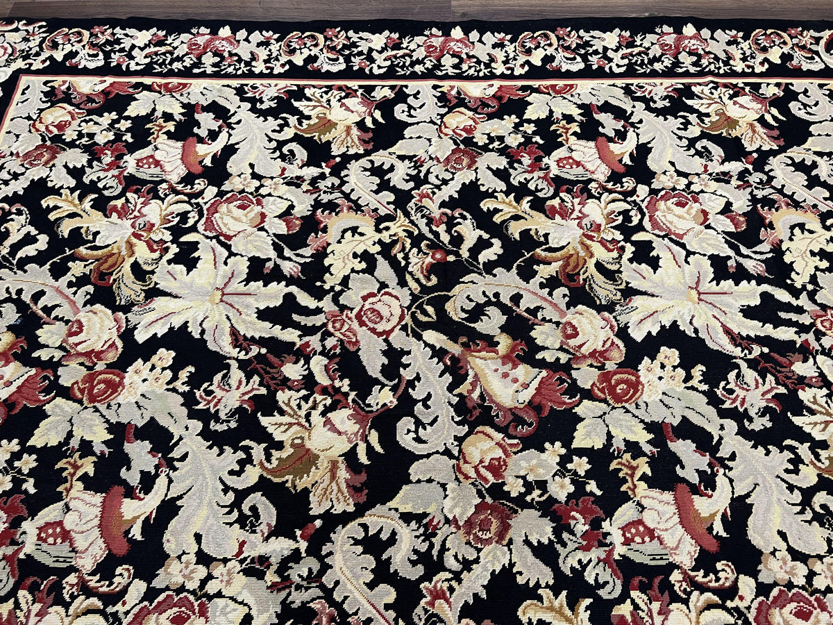 Wool Needlepoint Rug 9x12, William Morris Vintage Chinese Needlepoint Carpet 9 x 12, Handwoven, Allover Floral Area Rug, Black Light Green - Jewel Rugs, view 3