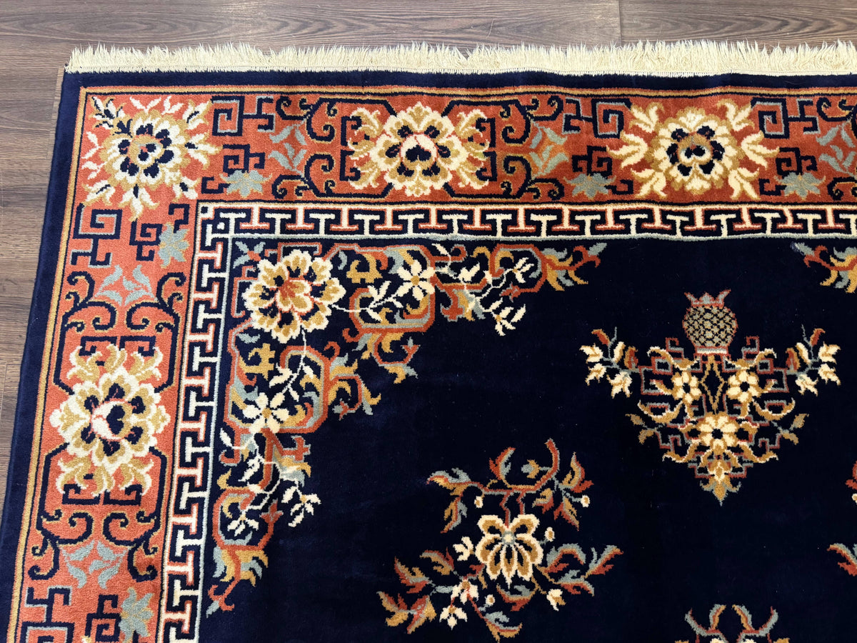 Chinese Wool Rug 8x11, Navy Blue and Terracotta, Floral, Couristan Belgium Power Loomed Carpet - Jewel Rugs, view 7