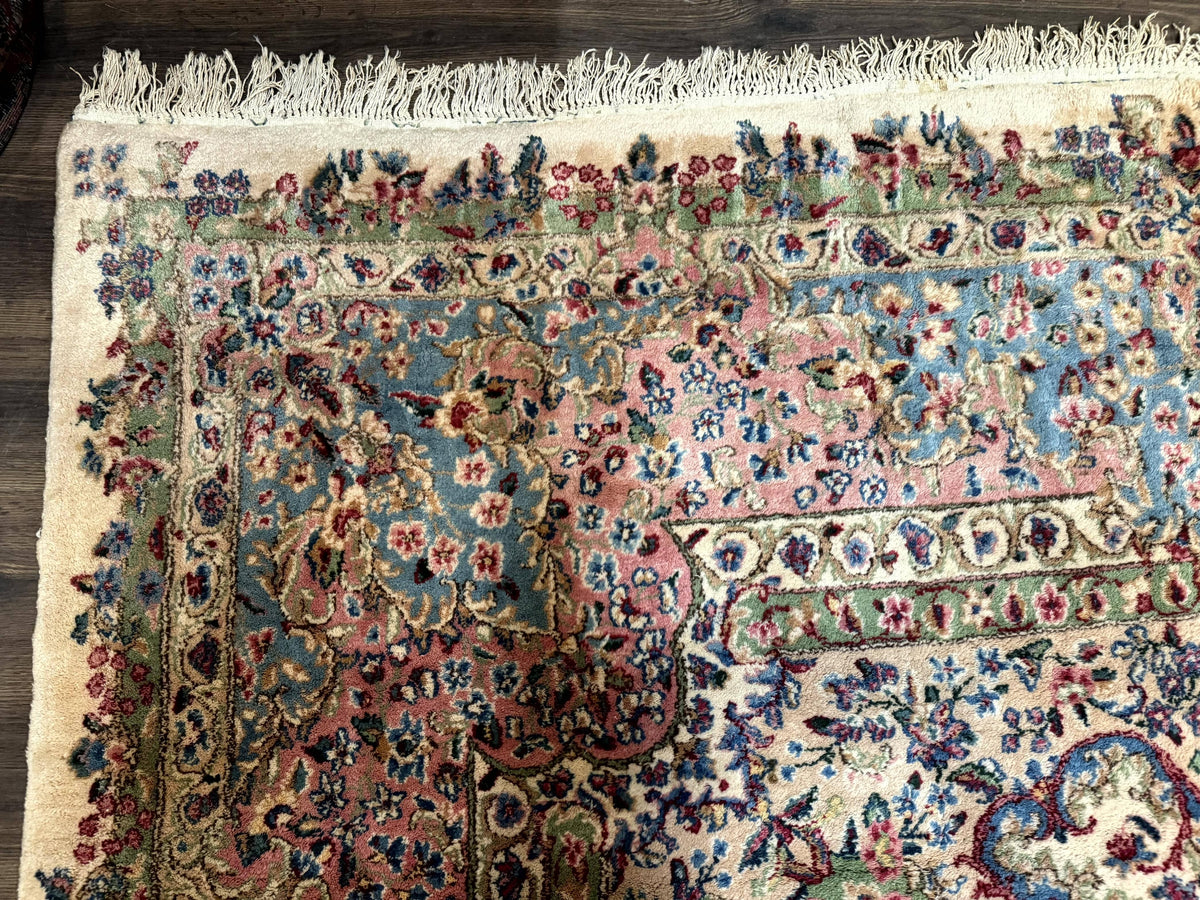 Palace Size Persian Kerman Rug 11x20 ft, Very Fine 340 KPSI, Vintage Oversized Wool Handmade Large Persian Carpet, Beige Light Blue Pink - Jewel Rugs, view 6