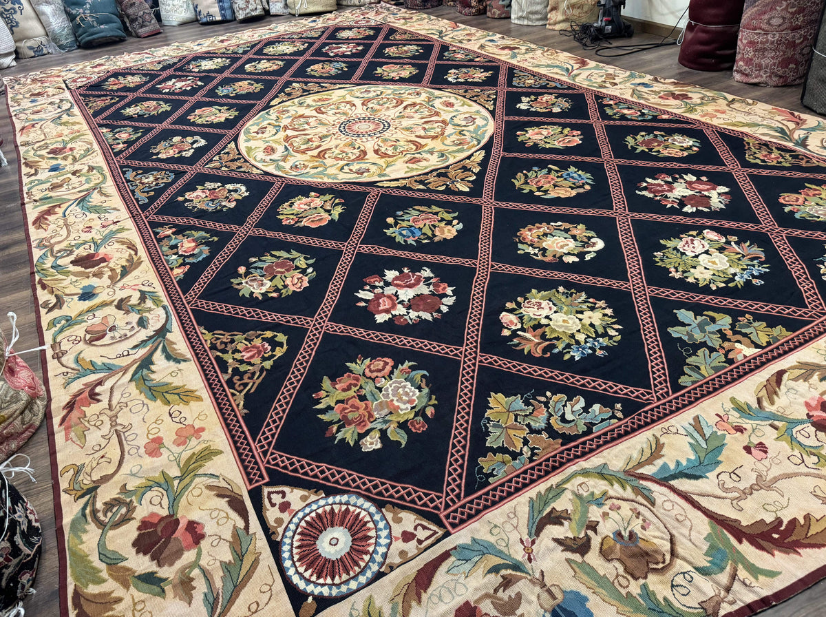 Palace Size Needlepoint Rug 12x20, European French English Aubusson Floral Design, Black and Beige - Jewel Rugs, view 12