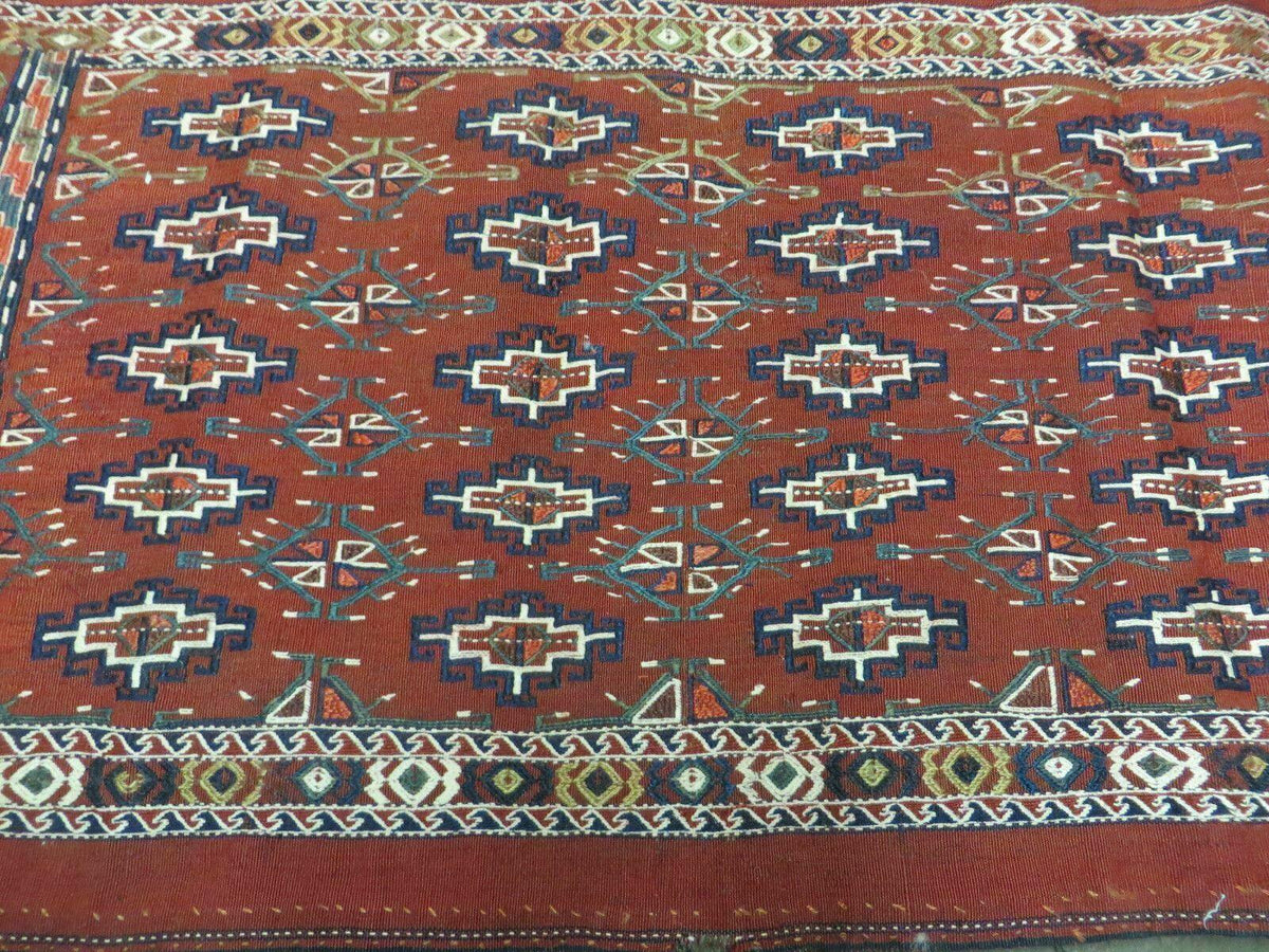 45" X 32" Antique Handmade Bokhara Turkoman Yomud Chuval Wool Rug Soumak NICE - Jewel Rugs, view 3