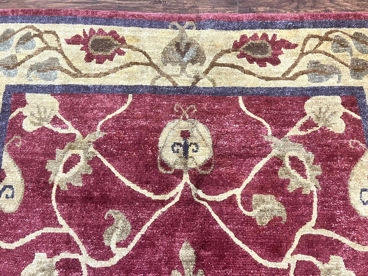 Tibetan Aubusson Rug 8x10, Maroon and Beige, Floral, Handmade, Wool, Vintage, Traditional Rug - Jewel Rugs, view 3