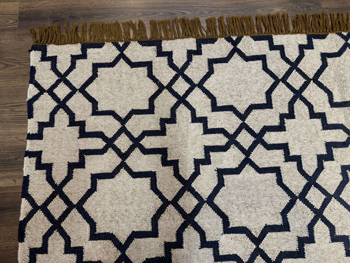 Indian Kilim Rug 8x10, Oat and Navy Blue, Dhurrie Carpet, Handmade, Wool - Jewel Rugs, view 7