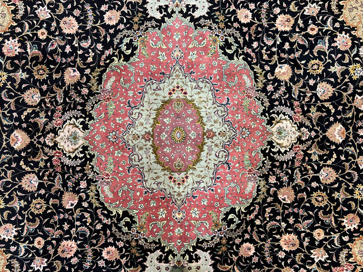 Magnificent Persian Tabriz Rug 11x16, Oversized Persian Carpet 11 x 16 ft, Wool on Silk Finely Hand Knotted, 450 KPSI, Floral Medallion, Black Pink - Jewel Rugs, view 4