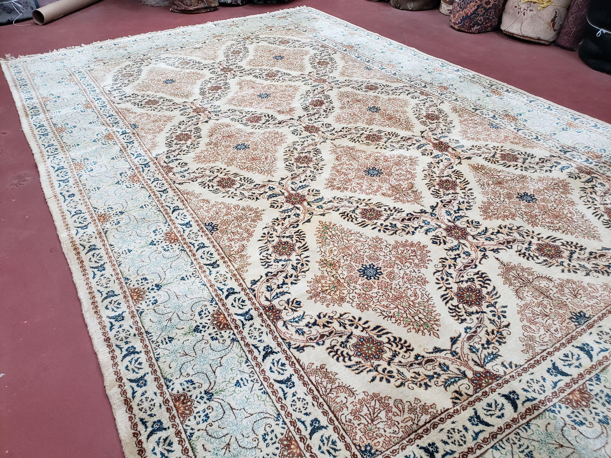 Fine Antique Persian Light Colored Kashan Carpet, 7x12, Top Quality, Rare, Ivory & Blues, Hand-Knotted, Wool - Jewel Rugs, view 3
