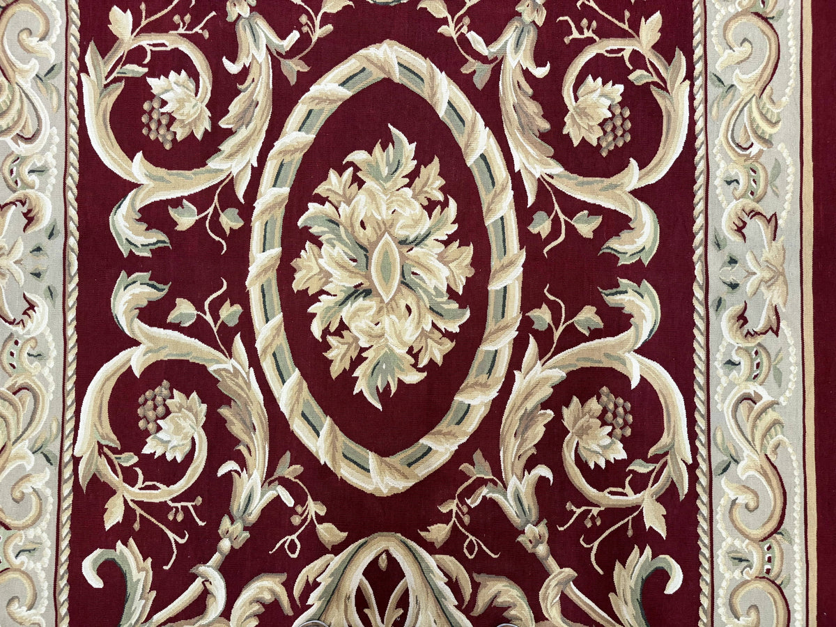 Burgundy Aubusson Rug 6x9, Vintage Wool Carpet - Jewel Rugs, view 5