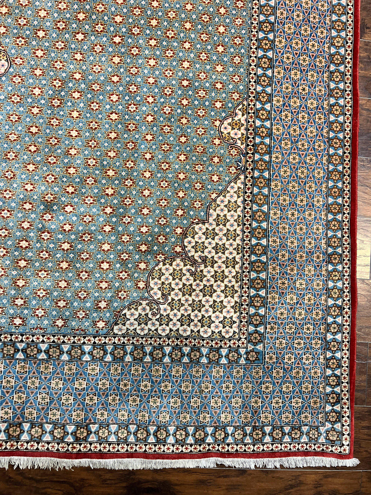 Rare Persian Rug 8x12, Qum Rug, Repeated Star Motifs, Blue and Ivory, Fine 300 KPSI, Hand Knotted Handmade Vintage Wool Rug - Jewel Rugs, view 9