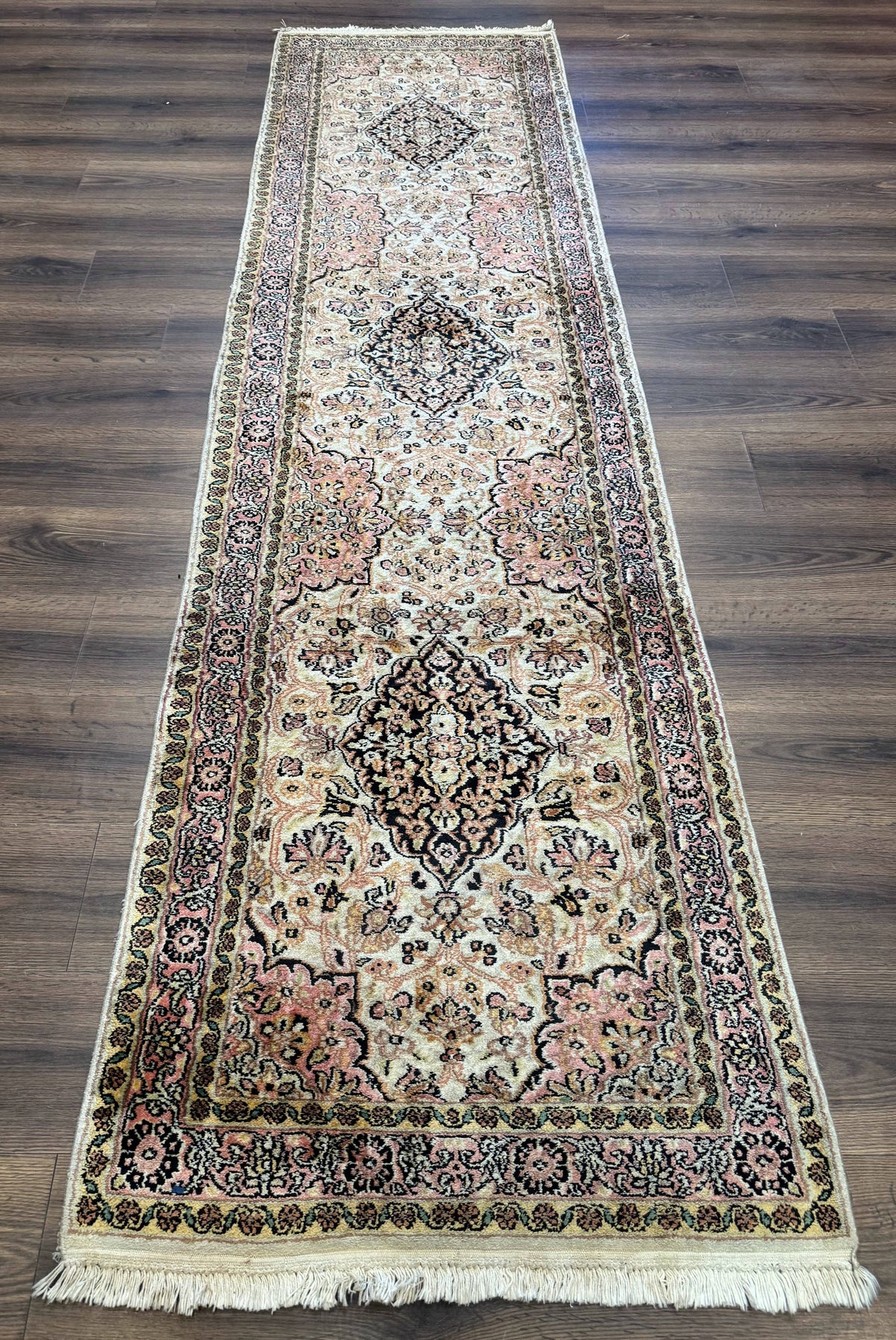 Silk Indian Kashmiri Runner Rug 2.7 x 9.8, Floral Medallions - Jewel Rugs, view 2