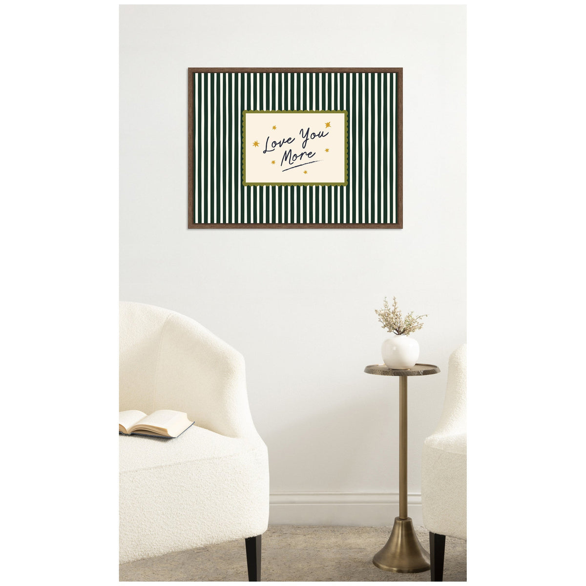 Love You More Positive Quote Above Bed Decor, Striped Green Cozy Wall Art for Apartment or Home by Lucky Guava Framed Canvas Wall Art Print