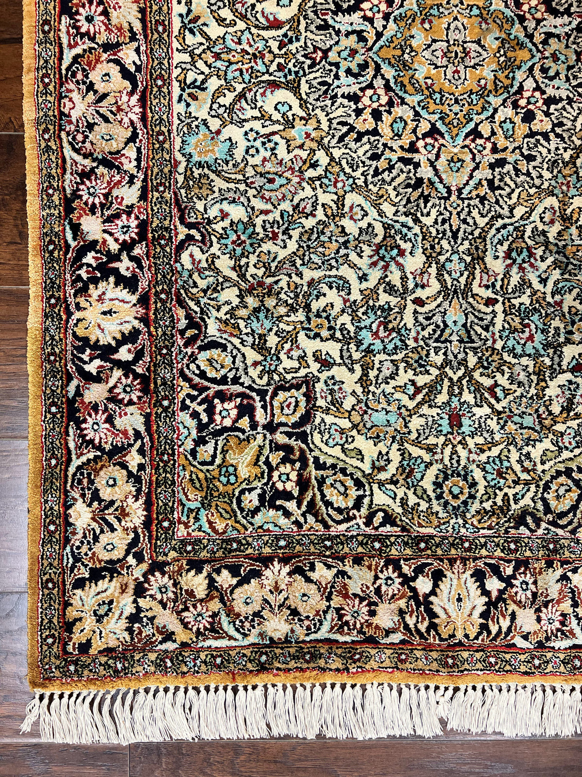Silk Persian Qum Rug 4x5, Hand Knotted Vintage Carpet, Cream & Navy Blue, Silk Pile on Silk Foundation, Very Fine 360 KPSI - Jewel Rugs, view 8
