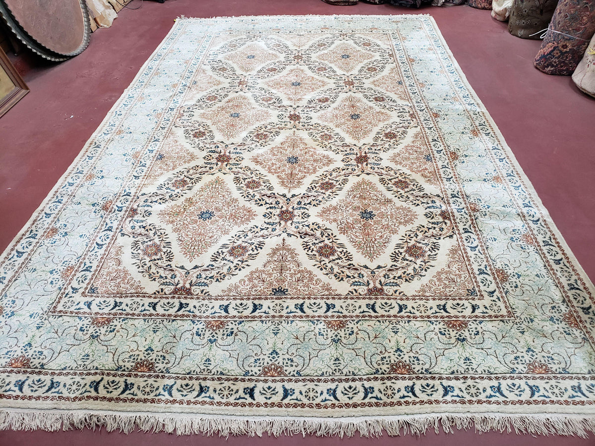 Fine Antique Persian Light Colored Kashan Carpet, 7x12, Top Quality, Rare, Ivory & Blues, Hand-Knotted, Wool - Jewel Rugs, view 2