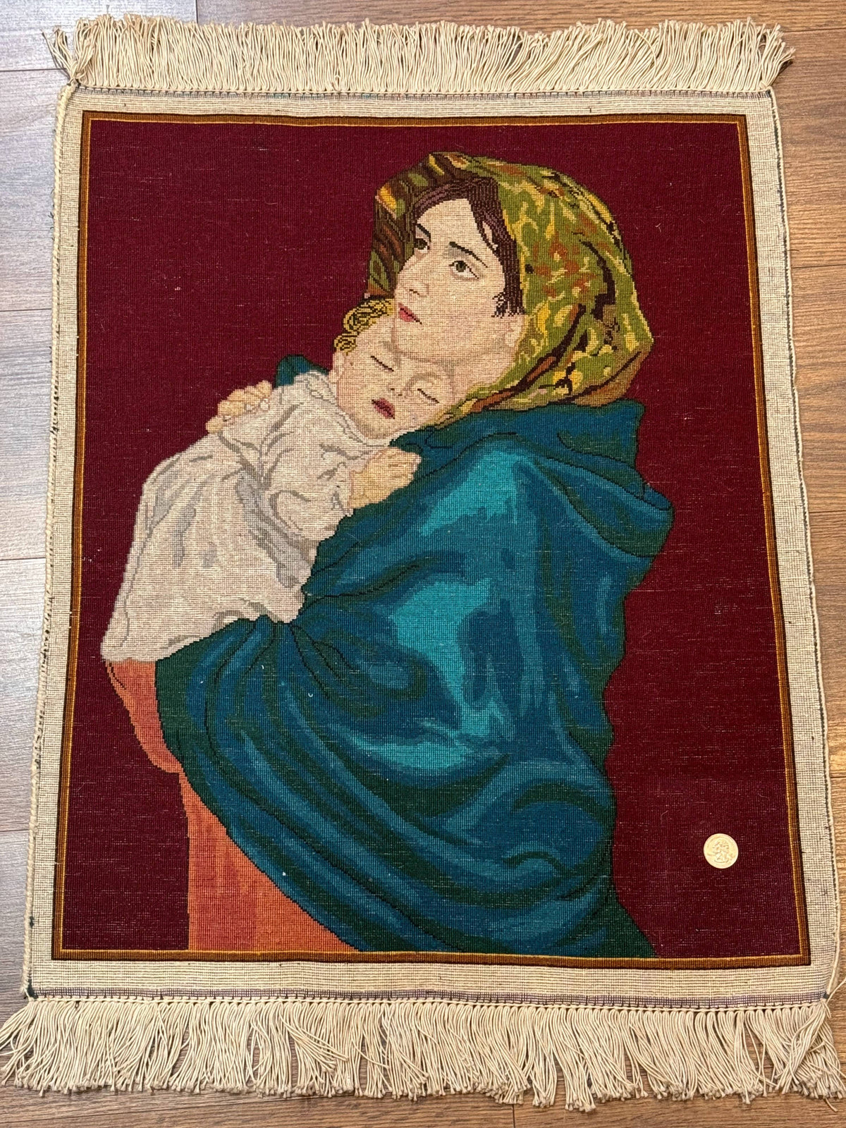Small Persian Tabriz Pictorial Rug 2x2, Mother Holding Child, Very Fine 340 KPSI, Maroon - Jewel Rugs, view 12