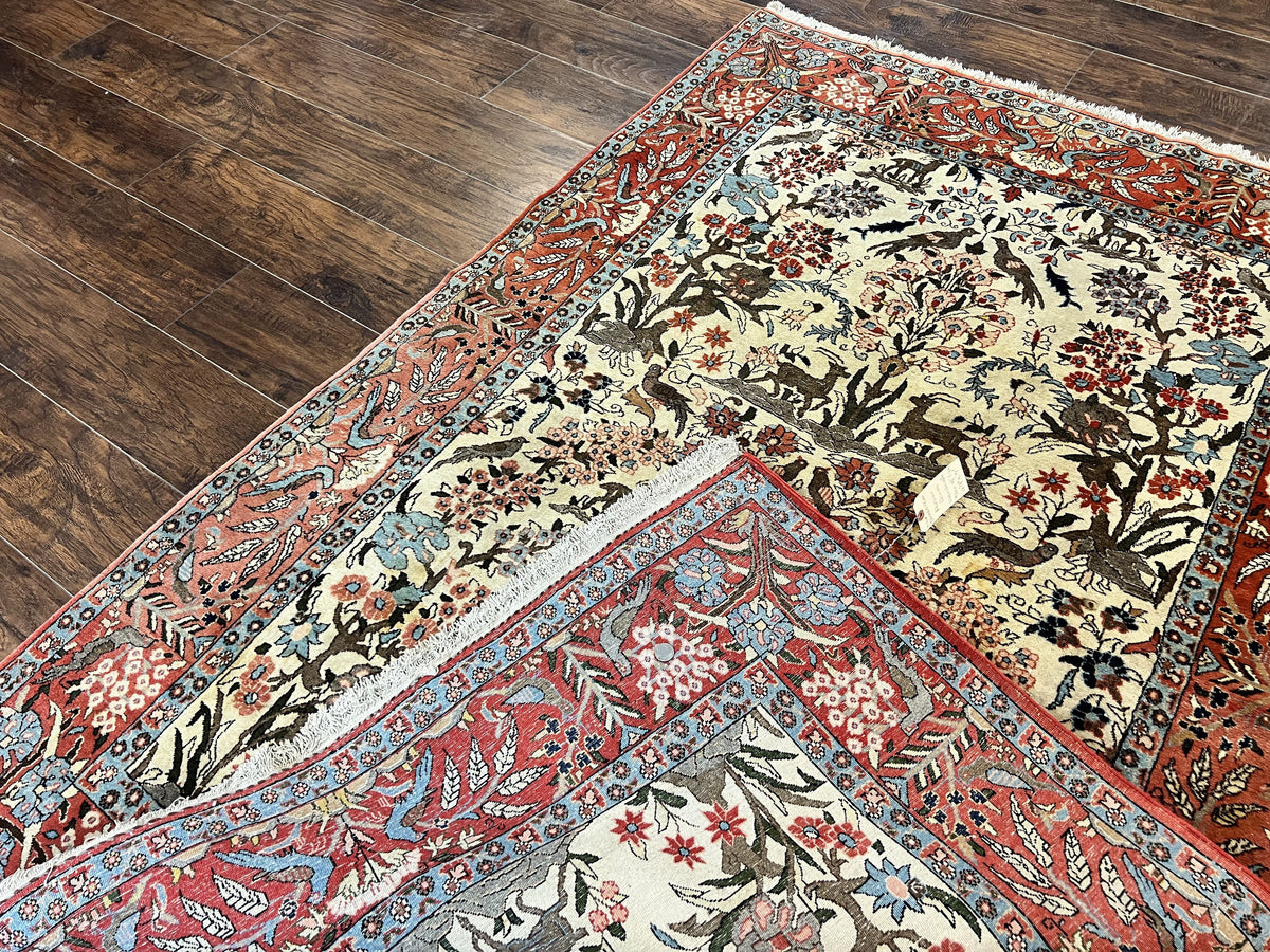 Persian Tree of Life 5x7, Qum Rug, Animal Motifs, Deer Birds, Fine 225 KPSI, Semi Antique Wool Rug, Cream Red - Jewel Rugs, view 11