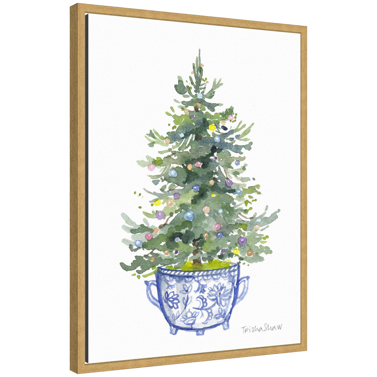 Sylvie Framed Canvas Traditional Christmas Tree In Blue Chinoiserie Pot by Patricia Shaw