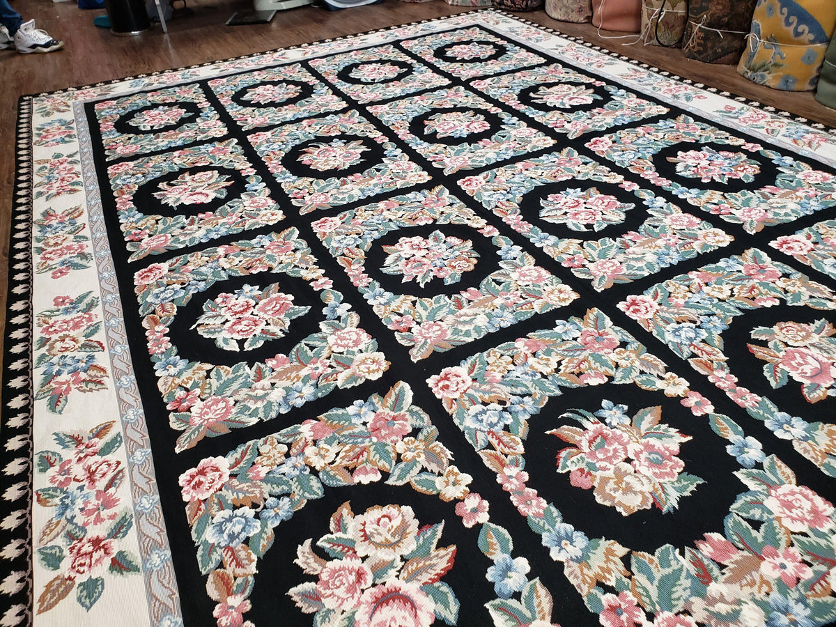 Floral Needlepoint Rug 9.5 x 13.6, Floral Panel Design, Black and Ivory Flatweave Aubusson Carpet, Multicolor - Jewel Rugs, view 12