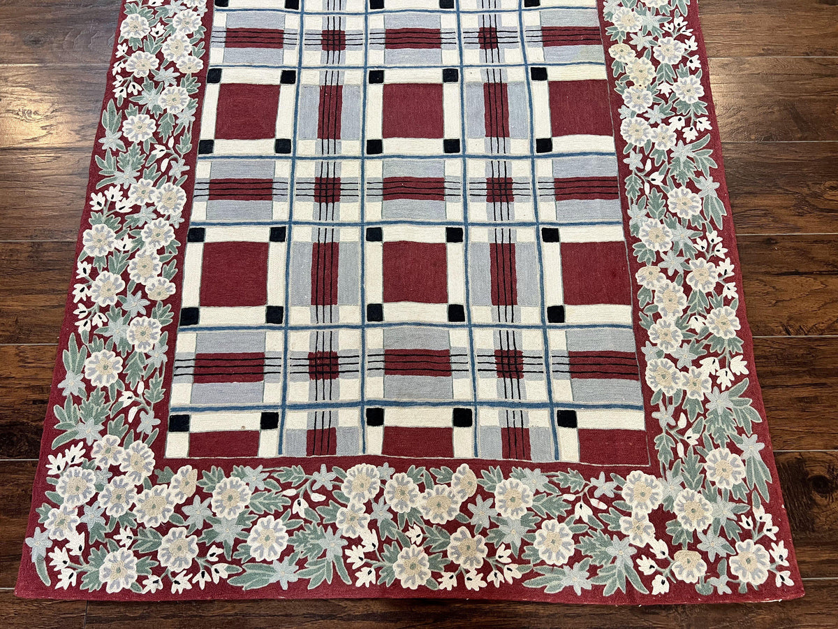 Indian Hand Stitched Rug 4x6, Vintage Carpet, Checkerboard Floral Pattern, Maroon Ivory, Flatweave, Wool - Jewel Rugs, view 6