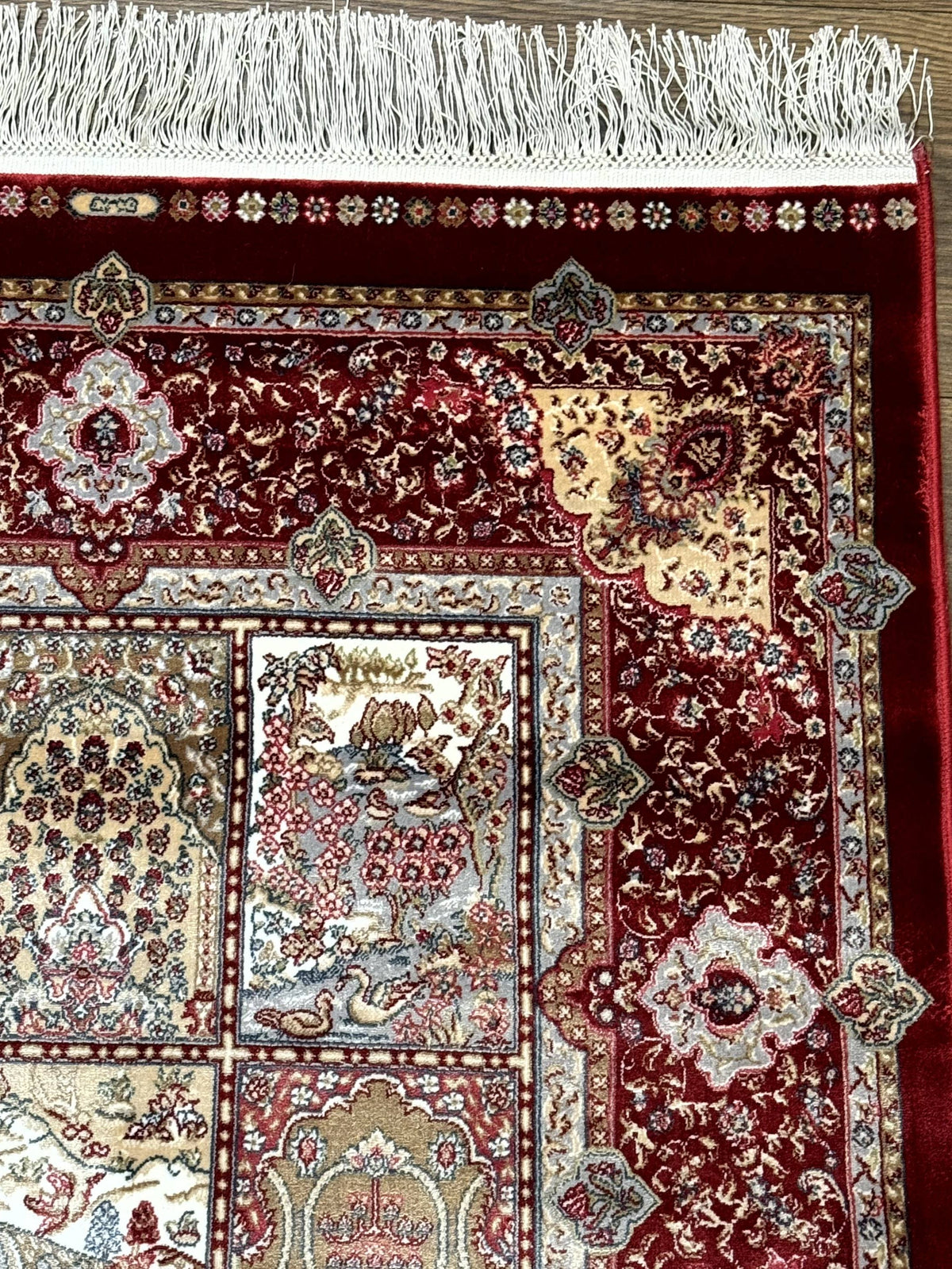 Turkish Silk Runner Rug 2.6 x 11.6, Panel Design, Dark Red Ivory, Bamboo Silk, New - Jewel Rugs, view 7