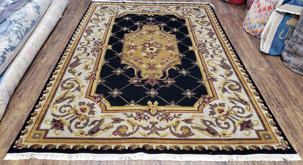 6x9 Nepalese Rug, Aubusson Savonnerie Area Rug 6 x 9 with Soft Pile, Hand-Knotted Wool Black & Beige Tibetan New Carpet European Design - Jewel Rugs, view 2