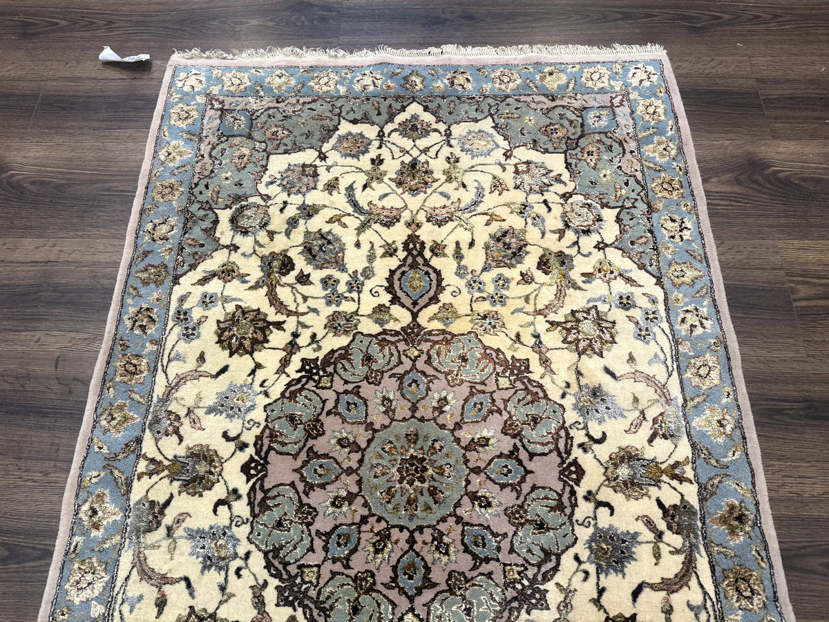 Persian Isfahan Rug 3x5, Fine 310 KPSI, Kork Wool Silk Foundation, Cream & Light Green - Jewel Rugs, view 3