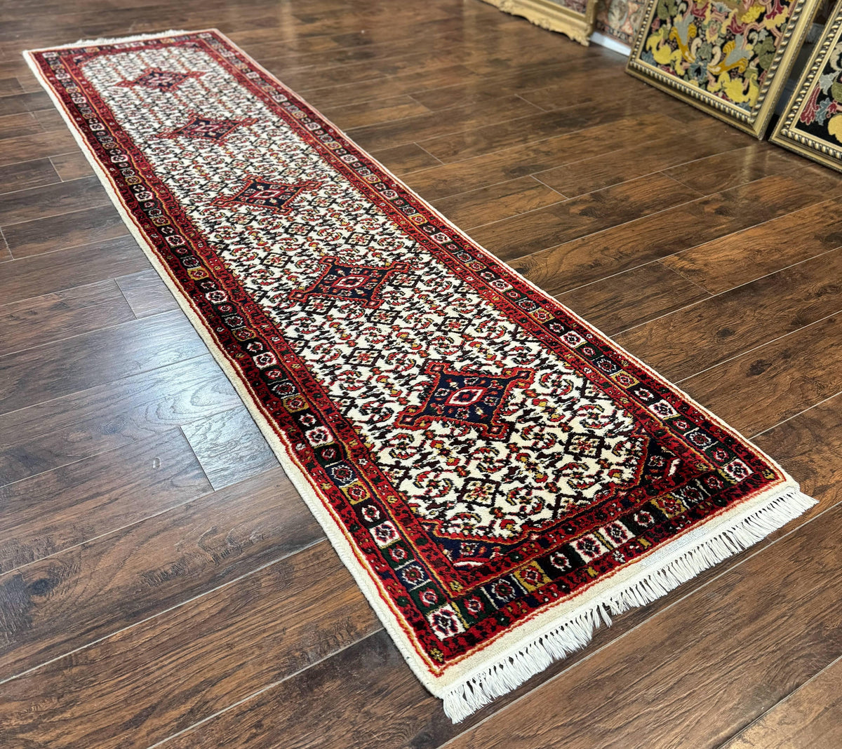 Indo Persian Bidjar Runner Rug 2.8 x 10, Vintage Rug for Hallway, 10ft Runner, Wool Handmade Ivory and Red, Medallions - Jewel Rugs, view 3