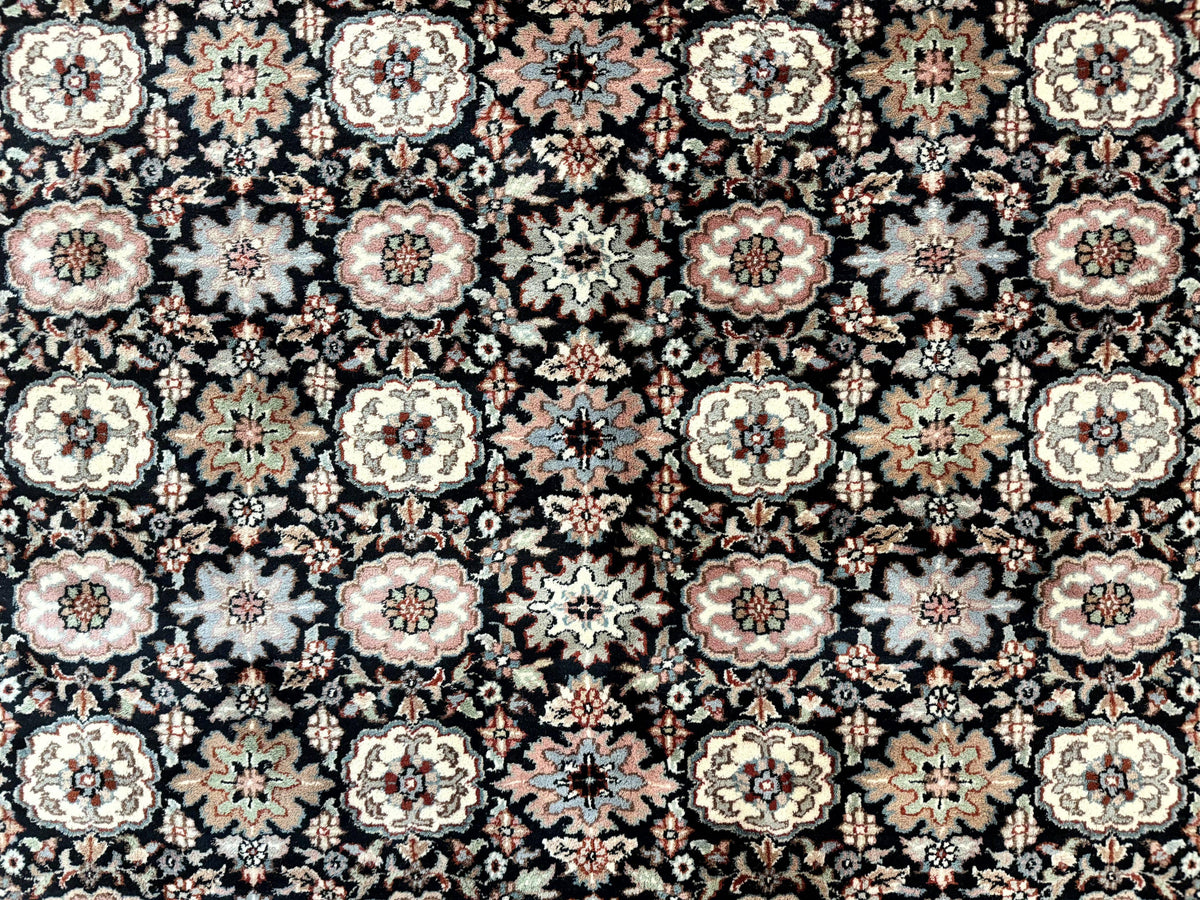 Indo Persian Rug 9x12, Vintage Handmade Wool Carpet, Repeated Allover Motif, Navy Blue and Pink - Jewel Rugs, view 5
