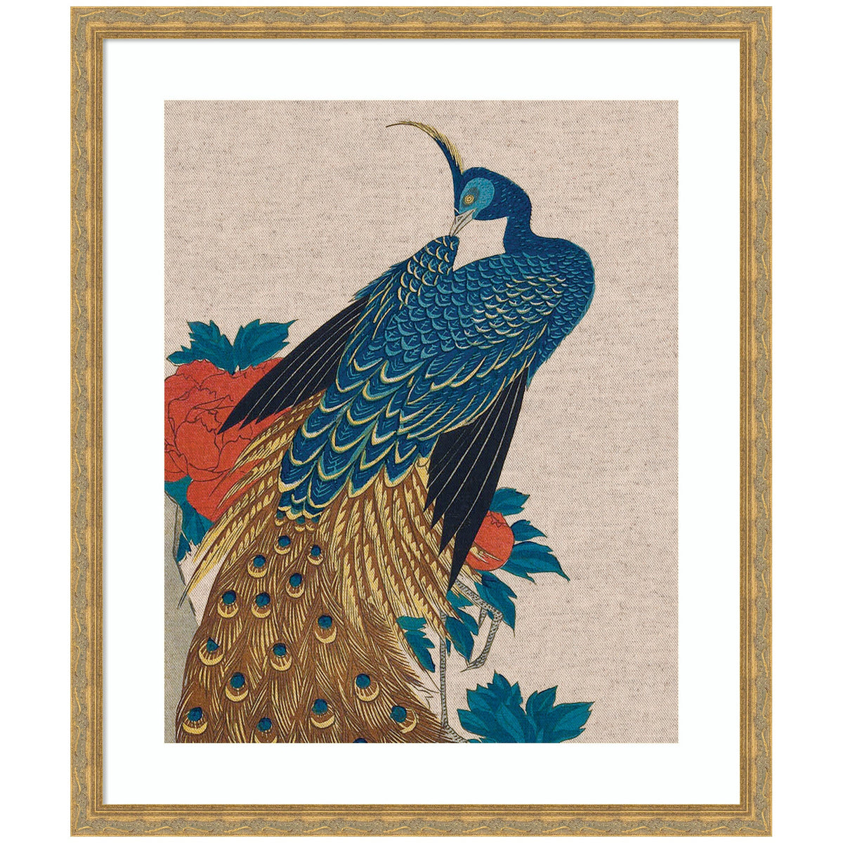 Framed Art Peacock and Peonies 1840 Utagawa Hiroshige Neutral Linen by The Art Institute of Chicago