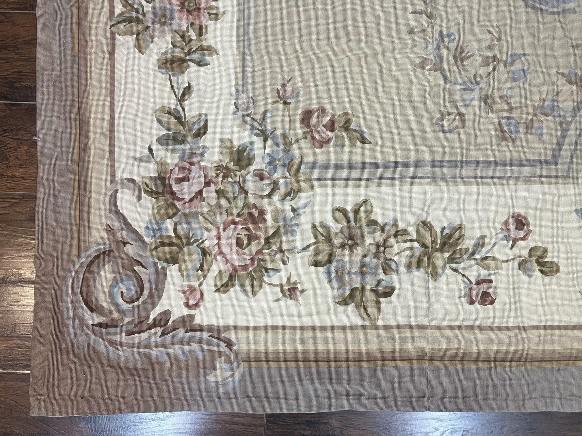Aubusson Needlepoint Rug 9x12, VIntage Handmade Wool Beige Floral European Elegant Rug 9 x 12, Floral Roses - Jewel Rugs, view 9