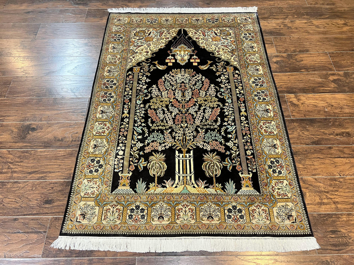 Wonderful Sino Persian Silk Rug 4x6, Tree of LIfe Design, Masterpiece 575 KPSI, Birds, Prayer Rug, Black, Silk on Silk - Jewel Rugs