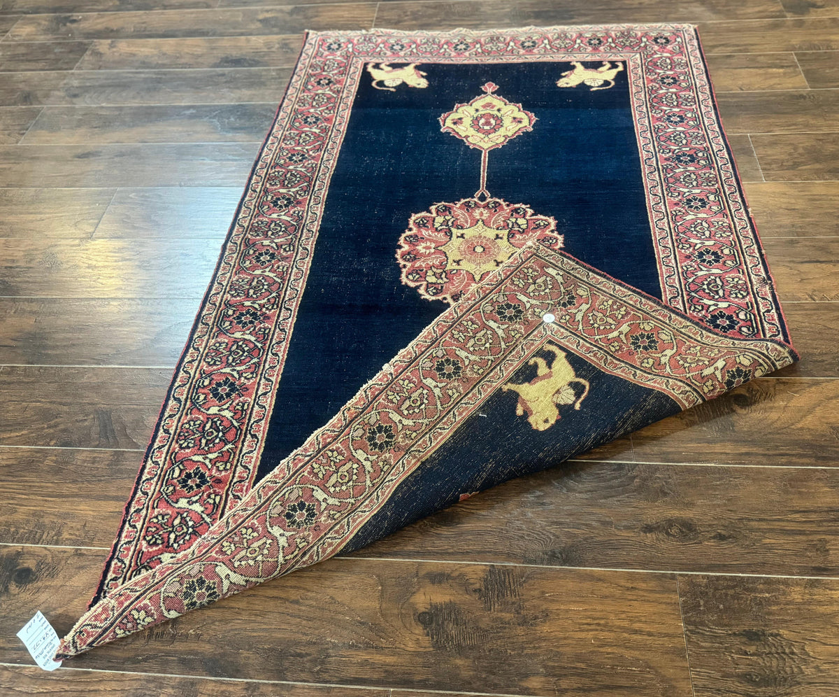 Antique Persian Mashad Rug 4x6, Semi Open Field, Navy Blue, Lion Pictorials, Triple Medallion, Dorokhsh Rug - Jewel Rugs, view 12