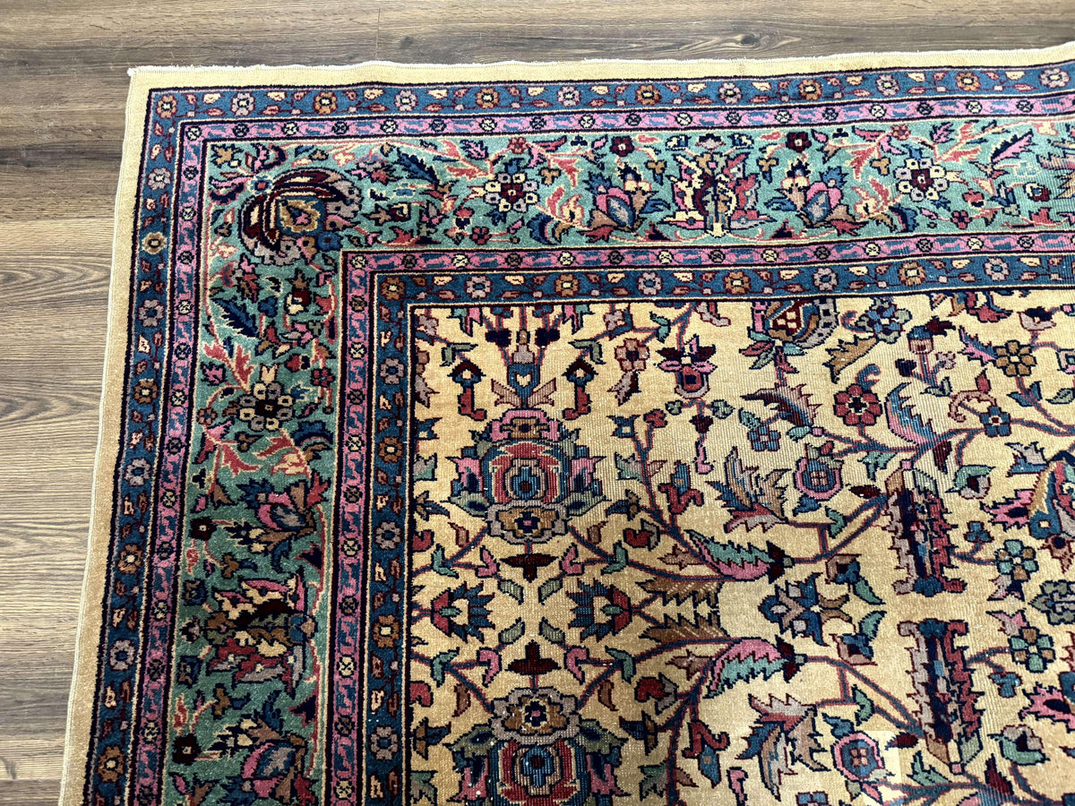 Antique Persian Rug 10x15, Camel and Cyan, Allover Pattern, Rare, Samarkand Rug - Jewel Rugs, view 6