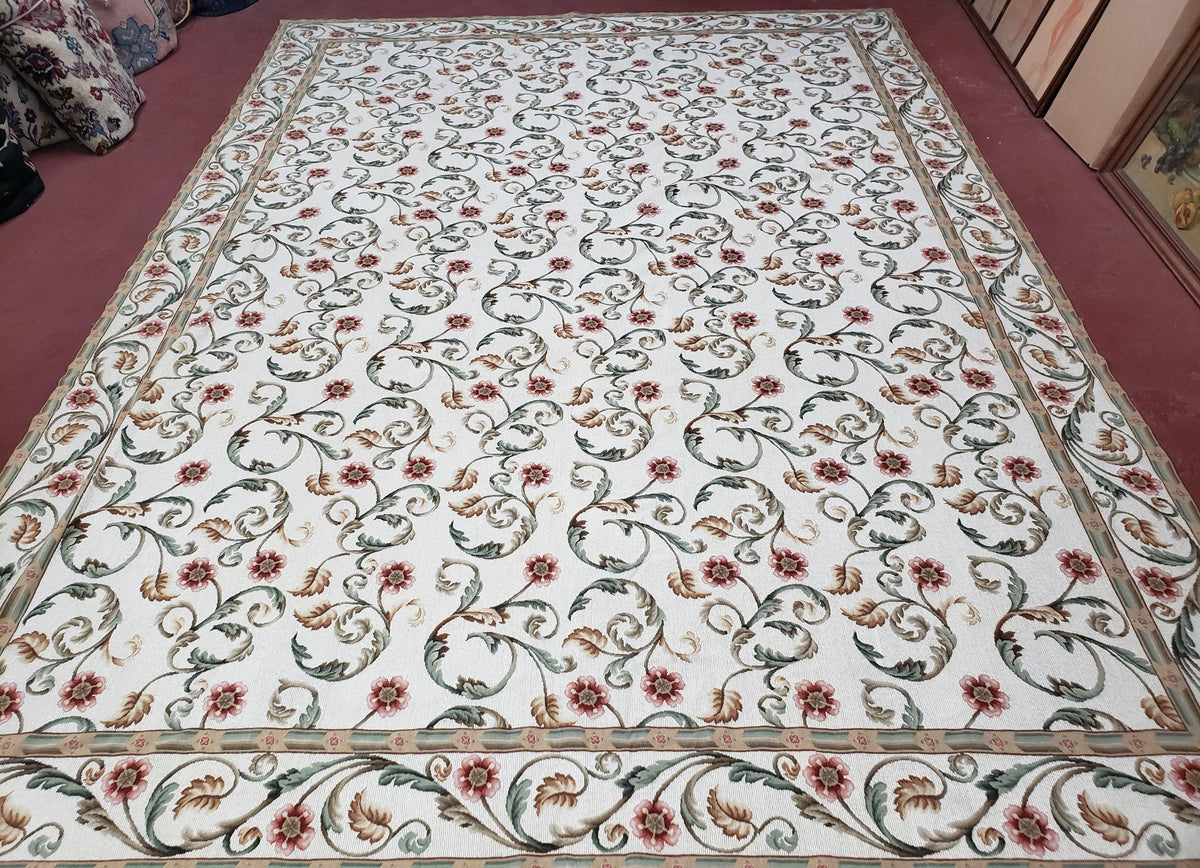 Needlepoint Rug 9x12, European Aubusson Design, Floral Allover Garden Pattern, New Needlepoint Area Rug, Ivory Rug, Hand Woven, Flatweave - Jewel Rugs, view 2