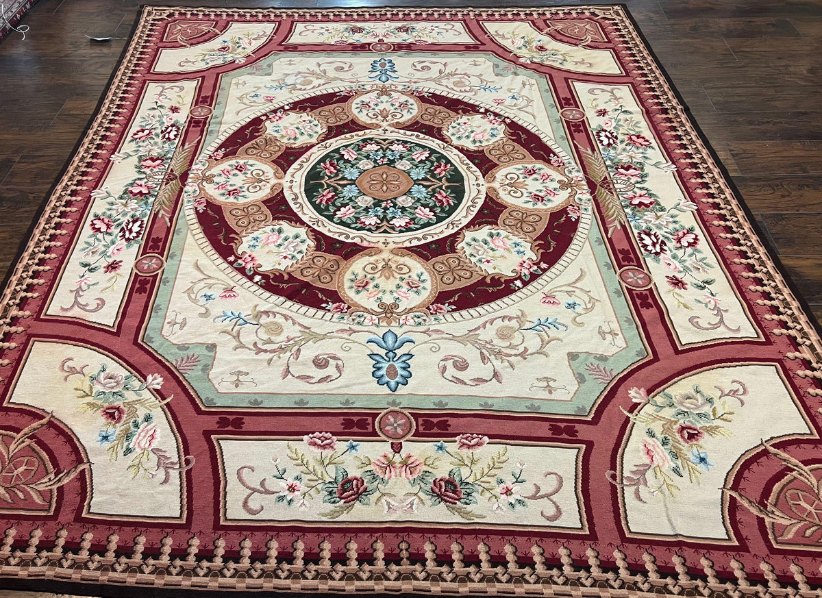 Needlepoint Rug 7.9 x 9, Beige Maroon Rose, Handmade Handwoven Flatweave Aubusson Savonnerie French European Elegant Carpet, Wool Rug - Jewel Rugs, view 2