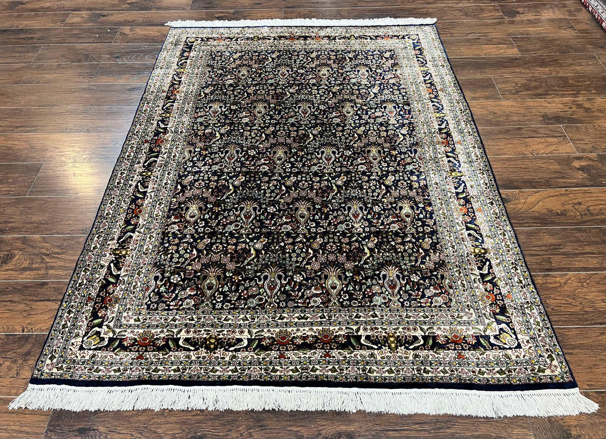 Silk Indian Kashmiri Rug 5x7, Navy Blue Indo Persian Silk Carpet 5 x 7 ft, Hand Knotted Handmade Very Fine Oriental Carpet, 450 KPSI, Birds - Jewel Rugs