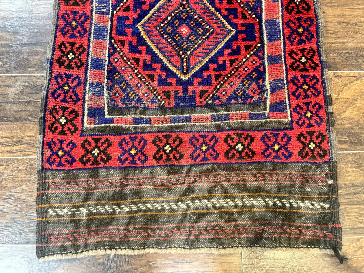 Turkoman Runner Rug 2 x 8.6, Skinny Runner, Handmade Wool Carpet for Hallway, Red and Blue, Wool, Vintage 8ft Runner - Jewel Rugs, view 8